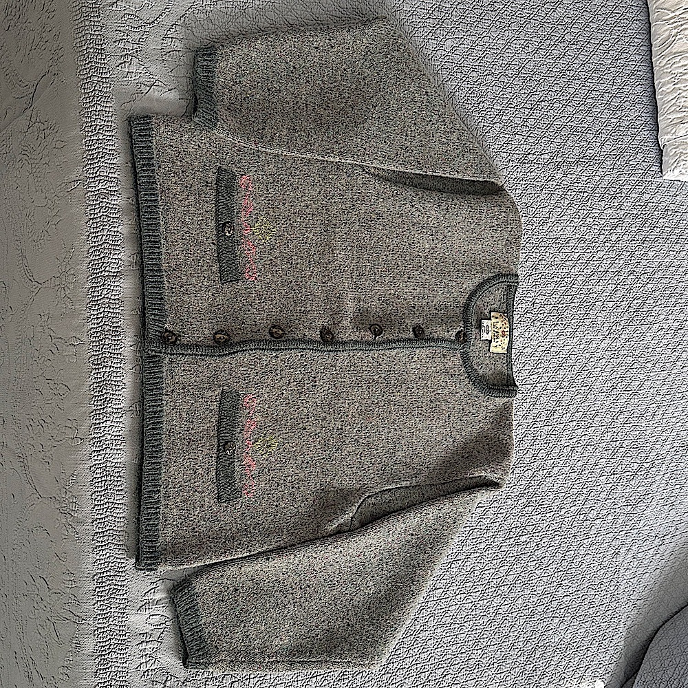 Women’s Gray Irish Wool Cardigan with Floral Embroidery